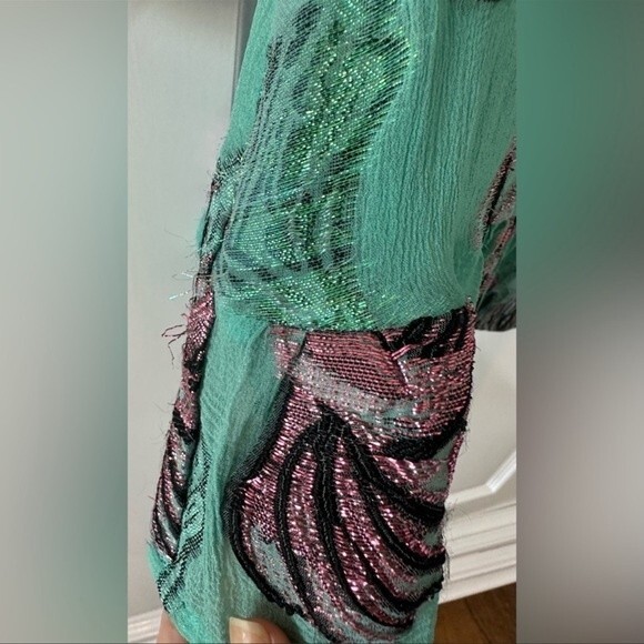 Cynthia Rowley Inverness Metallic Fish Blouson-sleeve Dress In Green Sz4 - Picture 7 of 13